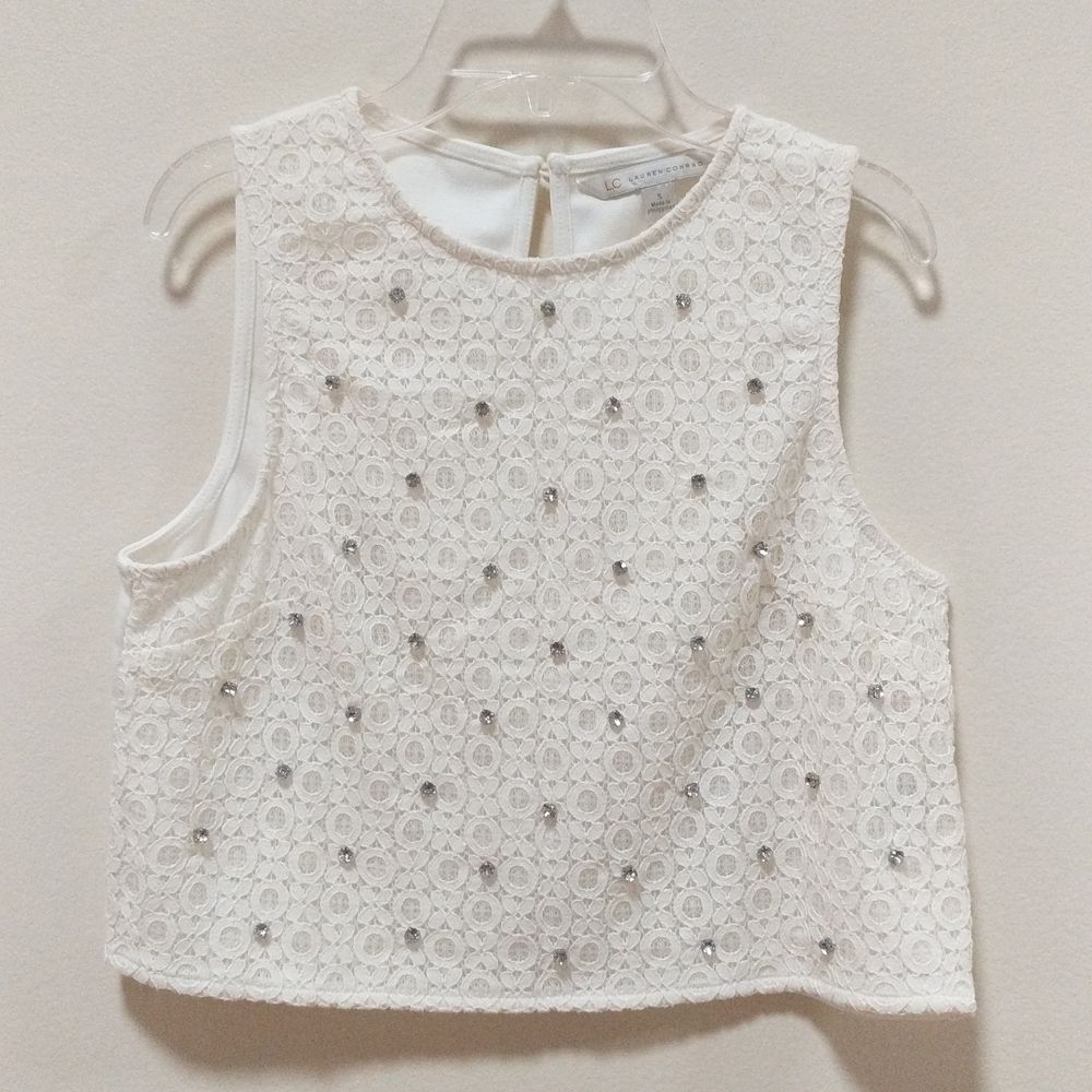 LC Lauren Conrad Women's White Crop Top w/Rhinestones and Lace Size Small